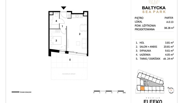 Rzut - Mieszkanie na sprzedaż 2 pokoje o powierzchni 38,28 m² - numer A.0.13 w Bałtycka Sea Park