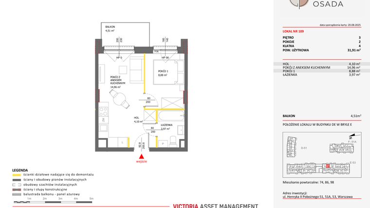 Rzut - Mieszkanie na sprzedaż 2 pokoje o powierzchni 31,91 m² - numer E.109 w Piastova Osada