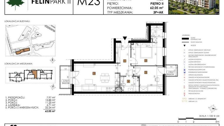 Rzut - Mieszkanie na sprzedaż 3 pokoje o powierzchni 62,14 m² - numer B1.M23 w Felin Park II