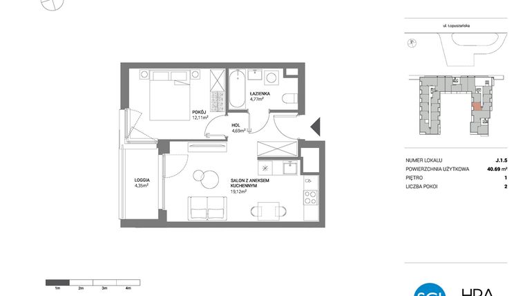 Rzut - Mieszkanie na sprzedaż 2 pokoje o powierzchni 40,69 m² - numer J.1.5 w Łopuszańska 47 - etap 3