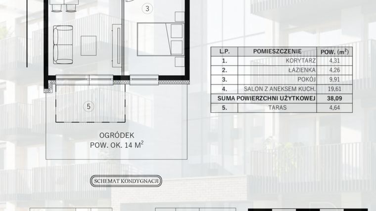 Rzut - Mieszkanie na sprzedaż 2 pokoje o powierzchni 38,09 m² - numer 8 w Młody Straszyn Park VI - bud. B