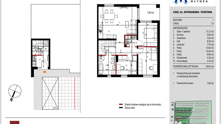 Rzut - Mieszkanie na sprzedaż 4 pokoje o powierzchni 84,85 m² - numer 7.4 w Przystań Młynek