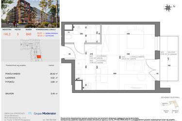 Rzut - Mieszkanie na sprzedaż 1 pokój o powierzchni 36,33 m² - numer I-B43 w Industria etap I-B