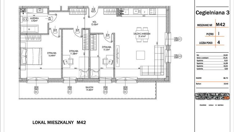 Rzut - Mieszkanie na sprzedaż 4 pokoje o powierzchni 86,73 m² - numer 42 w Osiedle StaLove etap I