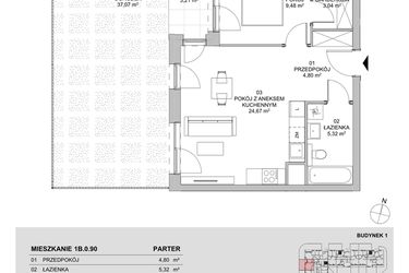 Rzut - Mieszkanie na sprzedaż 2 pokoje o powierzchni 47,31 m² - numer 1B.0.90 w Francuska Park VIIIB