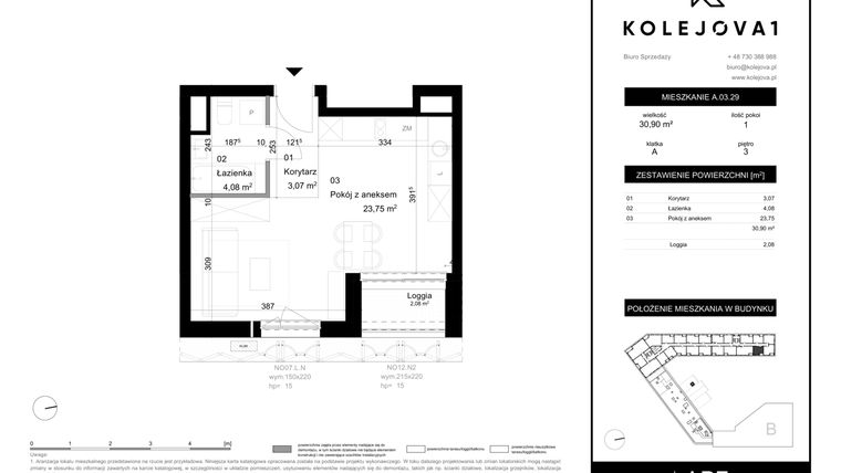 Rzut - Mieszkanie na sprzedaż 1 pokój o powierzchni 30,9 m² - numer A-03-29 w Kolejova 1