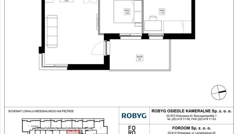 Rzut - Mieszkanie na sprzedaż 3 pokoje o powierzchni 61,21 m² - numer OK6/A/2/1 w Osiedle Kameralne VI
