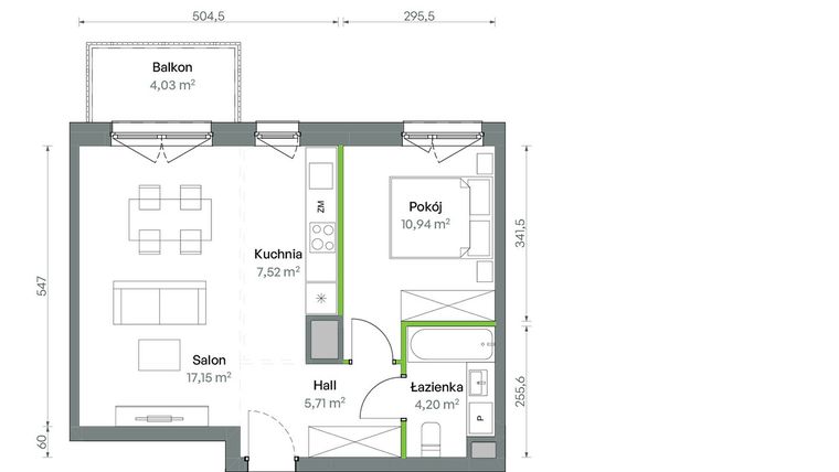 Rzut - Mieszkanie na sprzedaż 2 pokoje o powierzchni 45,52 m² - numer 1/A/2/57 w Oliwska Vita