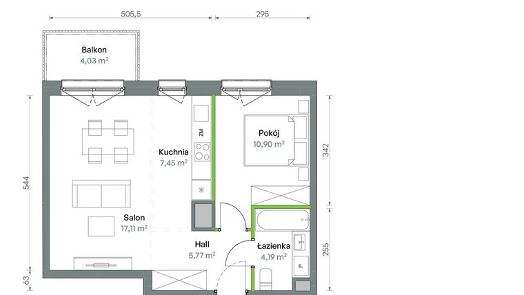 Rzut - Mieszkanie na sprzedaż 2 pokoje o powierzchni 45,42 m² - numer 1/A/2/58 w Oliwska Vita