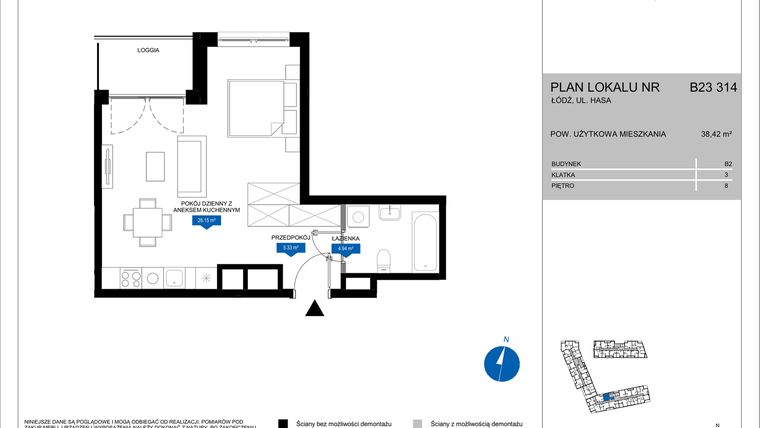 Rzut - Mieszkanie na sprzedaż 1 pokój o powierzchni 38,42 m² - numer B23 314 w Flow - bud. B2 A i bud. B2 B