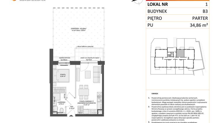 Rzut - Mieszkanie na sprzedaż 2 pokoje o powierzchni 34,86 m² - numer B3.1 w Osiedle Przy Błoniach 3 etap III