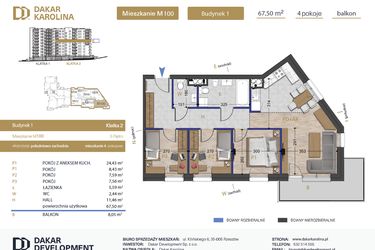 Rzut - Mieszkanie na sprzedaż 4 pokoje o powierzchni 67,5 m² - numer 100 w Osiedle Dakar Karolina