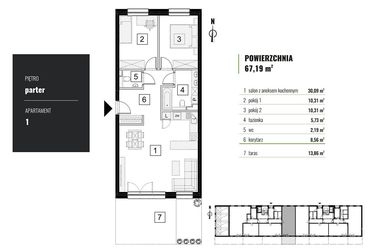 Rzut - Mieszkanie na sprzedaż 3 pokoje o powierzchni 67,19 m² - numer M.1 w Zielony Horyzont II