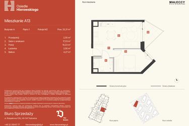 Rzut - Mieszkanie na sprzedaż 2 pokoje o powierzchni 33,31 m² - numer A13 w Osiedle Hierowskiego