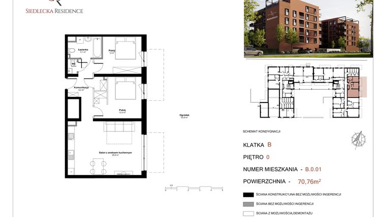 Rzut - Mieszkanie na sprzedaż 3 pokoje o powierzchni 72,34 m² - numer B-0-01 w Siedlecka Residence