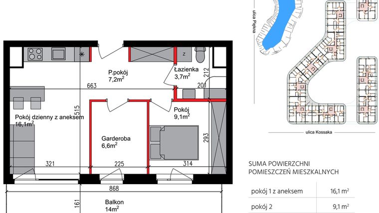 Rzut - Mieszkanie na sprzedaż 2 pokoje o powierzchni 43,8 m² - numer M036 w Perłowa Dolina
