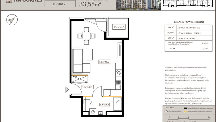 Rzut - Mieszkanie na sprzedaż 1 pokój o powierzchni 33 m² - numer M106 w Osiedle Na Górnej etap V