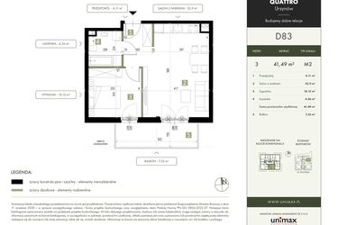 Rzut - Mieszkanie na sprzedaż 2 pokoje o powierzchni 41,49 m² - numer D83 w Quattro Ursynów