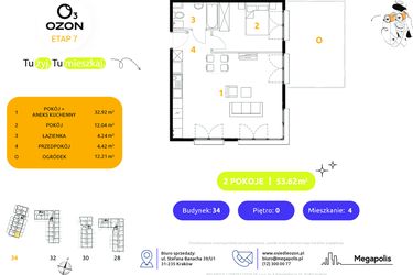 Rzut - Mieszkanie na sprzedaż 2 pokoje o powierzchni 53,62 m² - numer 34.4 w Osiedle Ozon etap VII