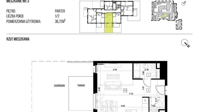 Rzut - Mieszkanie na sprzedaż 1 pokój o powierzchni 36,64 m² - numer 22H/03 w NATURAMA II