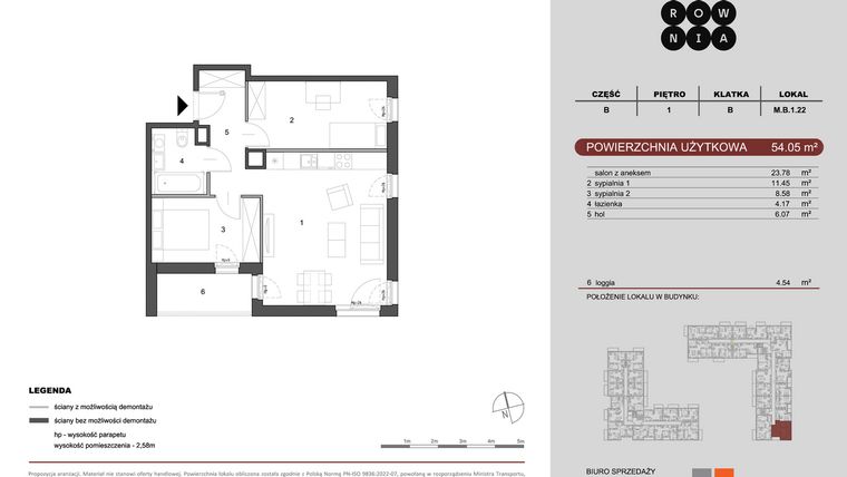 Rzut - Mieszkanie na sprzedaż 3 pokoje o powierzchni 54,05 m² - numer M.B.1.022 w CUKROWNIA