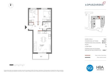 Rzut - Mieszkanie na sprzedaż 3 pokoje o powierzchni 59,73 m² - numer F.2.1 w Łopuszańska 47 - etap 2