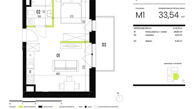 Rzut - Mieszkanie na sprzedaż 1 pokój o powierzchni 33,54 m² - numer ND.2.4 w Ogrody Staromiejskie