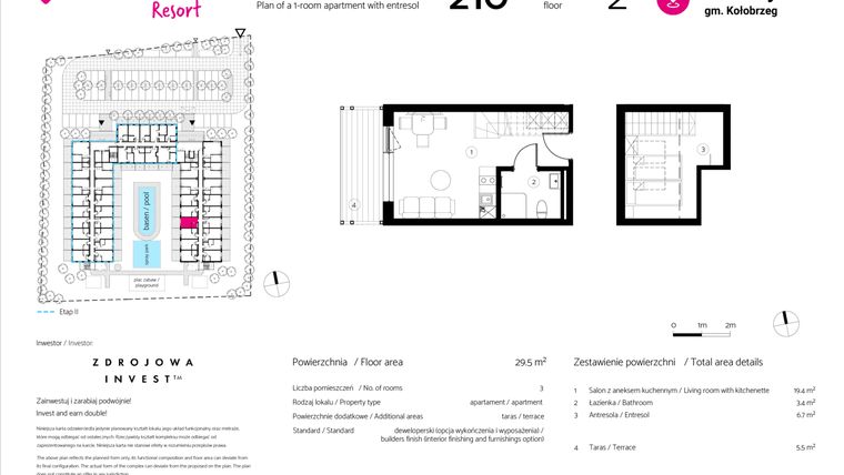 Rzut - Mieszkanie na sprzedaż 1 pokój o powierzchni 29,5 m² - numer 210 w VacationClub Resort