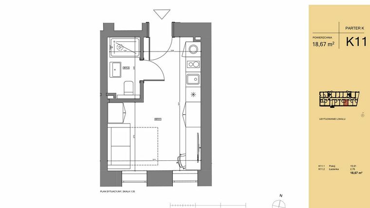 Rzut - Mieszkanie na sprzedaż 1 pokój o powierzchni 18,67 m² - numer K11 w Rezydencja San Petrus