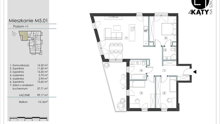 Rzut - Mieszkanie na sprzedaż 4 pokoje o powierzchni 99,17 m² - numer M5.01 w 4 Kąty na Szkolnej