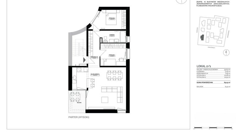 Rzut - Mieszkanie na sprzedaż 3 pokoje o powierzchni 69,15 m² - numer 2/1 w Murawa 2