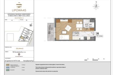 Rzut - Mieszkanie na sprzedaż 1 pokój o powierzchni 25,64 m² - numer A39 w Lipowa 45