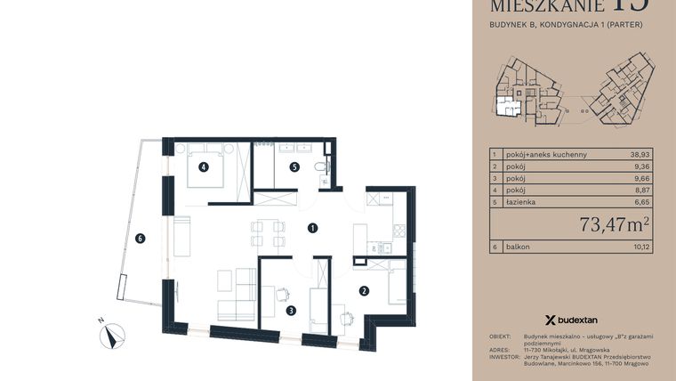Rzut - Mieszkanie na sprzedaż 4 pokoje o powierzchni 73,47 m² - numer M15 w Pratum Apartamenty Etap I