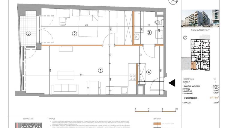 Rzut - Mieszkanie na sprzedaż 2 pokoje o powierzchni 57,71 m² - numer A1/13 w 5th Avenue Apartments