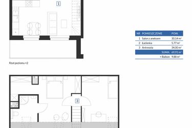 Rzut - Mieszkanie na sprzedaż 2 pokoje o powierzchni 69,91 m² - numer 7D09 w Osiedle Krzeptów VII