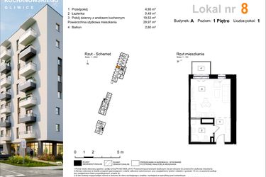 Rzut - Mieszkanie na sprzedaż 1 pokój o powierzchni 29,97 m² - numer A.8 w Osiedle Kochanowskiego - Gliwice