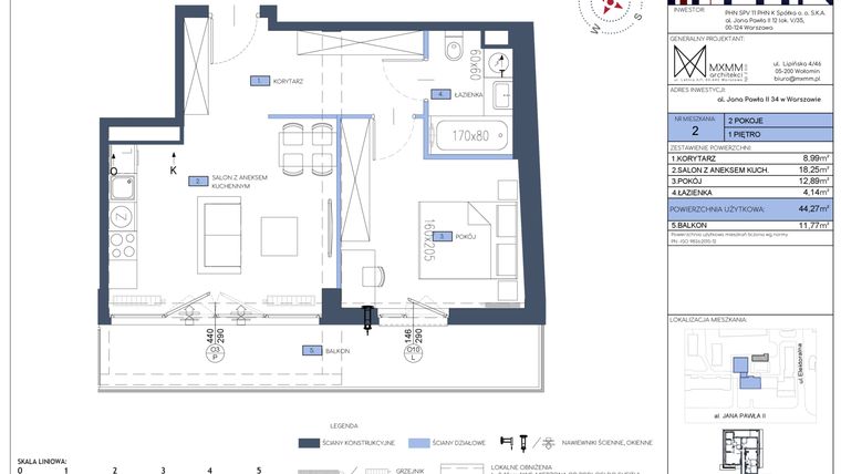 Rzut - Mieszkanie na sprzedaż 2 pokoje o powierzchni 44,27 m² - numer 2 w Apartamenty Jana Pawła 34