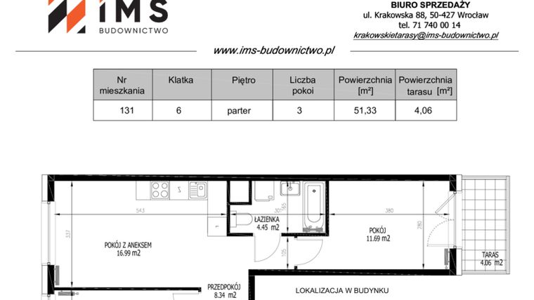 Rzut - Mieszkanie na sprzedaż 3 pokoje o powierzchni 51,23 m² - numer 131 w Krakowskie Tarasy etap V