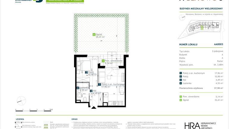 Rzut - Mieszkanie na sprzedaż 2 pokoje o powierzchni 37,98 m² - numer AA0003 w M Bemowo 3