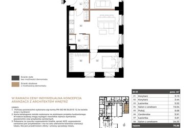 Rzut - Mieszkanie na sprzedaż 3 pokoje o powierzchni 70,86 m² - numer M01 w Apartamenty Królewska Huta