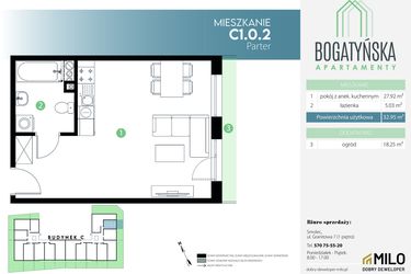 Rzut - Mieszkanie na sprzedaż 1 pokój o powierzchni 32,95 m² - numer C1.0.2 w Bogatyńska Apartamenty etap 3