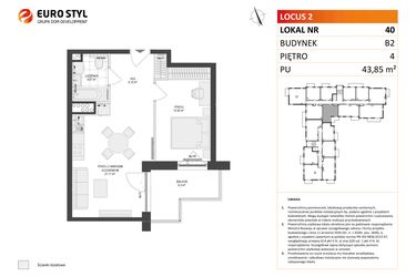 Rzut - Mieszkanie na sprzedaż 2 pokoje o powierzchni 43,85 m² - numer 40 w Locus 2 bud. B2