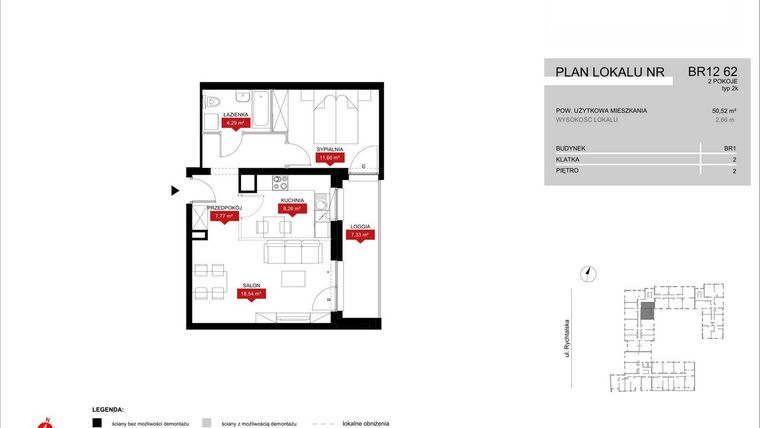 Rzut - Mieszkanie na sprzedaż 2 pokoje o powierzchni 50,52 m² - numer BR12/62 w Browary Wrocławskie 2