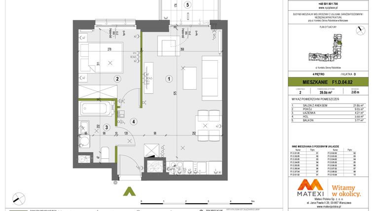 Rzut - Mieszkanie na sprzedaż 2 pokoje o powierzchni 39,08 m² - numer F1.D.04.02 w XYZ Place