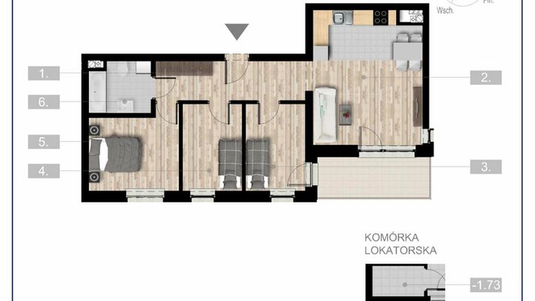 Rzut - Mieszkanie na sprzedaż 4 pokoje o powierzchni 64,09 m² - numer 14 w Szczytno Dąbrowskiego - etap 2