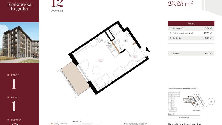 Rzut - Mieszkanie na sprzedaż 1 pokój o powierzchni 25,25 m² - numer 2.M12 w Krakowska Rogatka