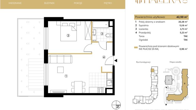 Rzut - Mieszkanie na sprzedaż 2 pokoje o powierzchni 42,5 m² - numer B.00.03 w Hallera 140