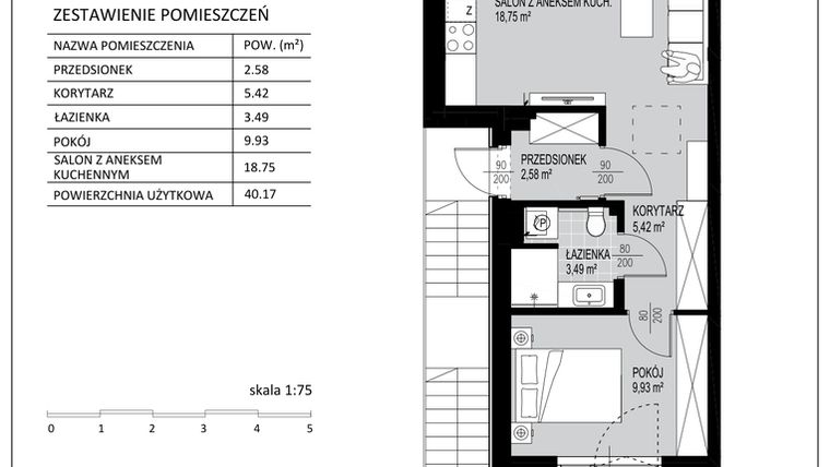 Rzut - Mieszkanie na sprzedaż 2 pokoje o powierzchni 40,17 m² - numer D2 w Kowalove etap 2