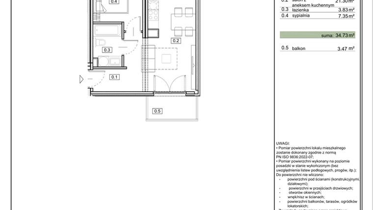 Rzut - Mieszkanie na sprzedaż 2 pokoje o powierzchni 34,73 m² - numer ZL-1.5 w Zielony Lewandów