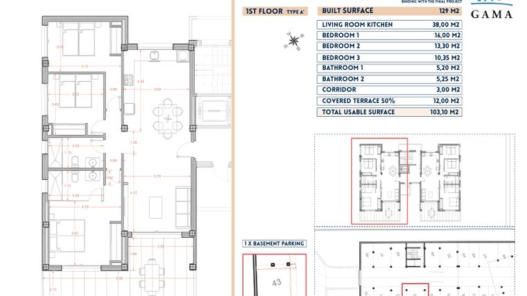 Rzut - Mieszkanie na sprzedaż 3 pokoje o powierzchni 129 m² - numer 43 w Velapi II - Murcia